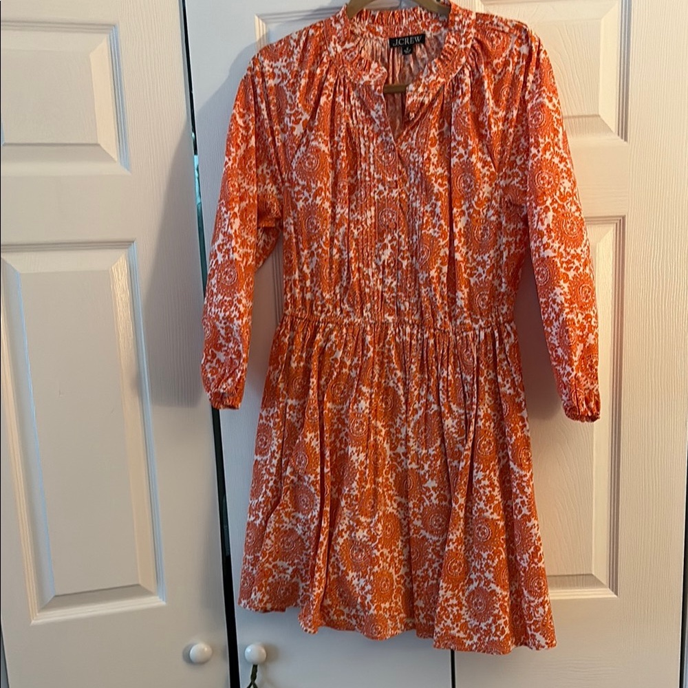 J. Crew Orange Pleated Sundress with Bishop Sleeves